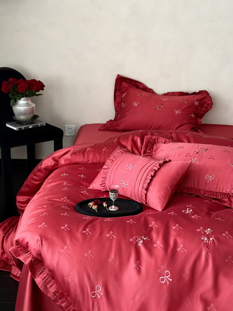 Fresh Bow Jacquard Tencel Cotton Blend Bedding Set Rose Embroidered Flat Sheet