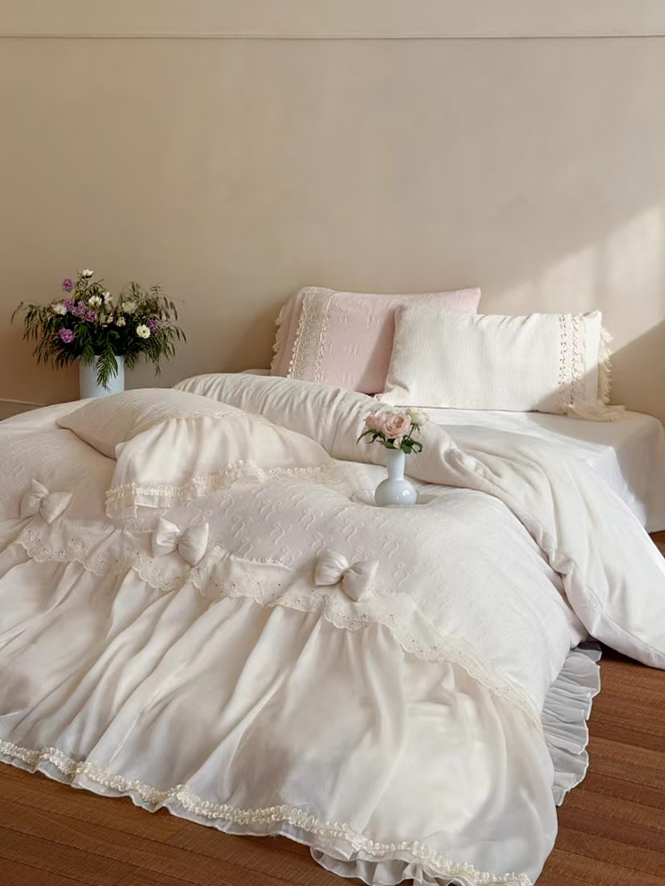 French Romantic Plush Ultra Soft Plush Fleece Bedding Set Lace Flat Sheet