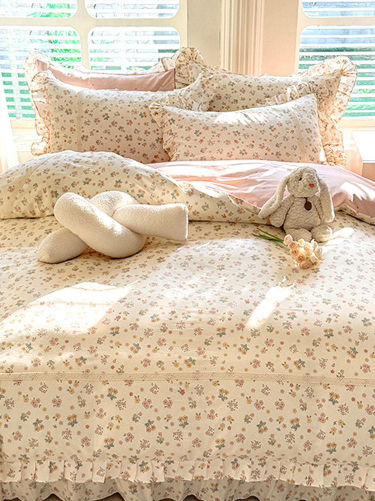 Princess Cotton Bedding Set Ruffle Floral Flat Sheet