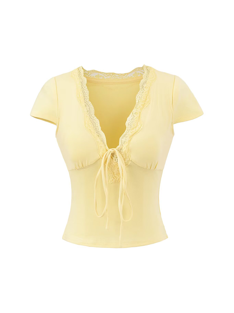 Lace Trim Tie-Front Deep V T-Shirt