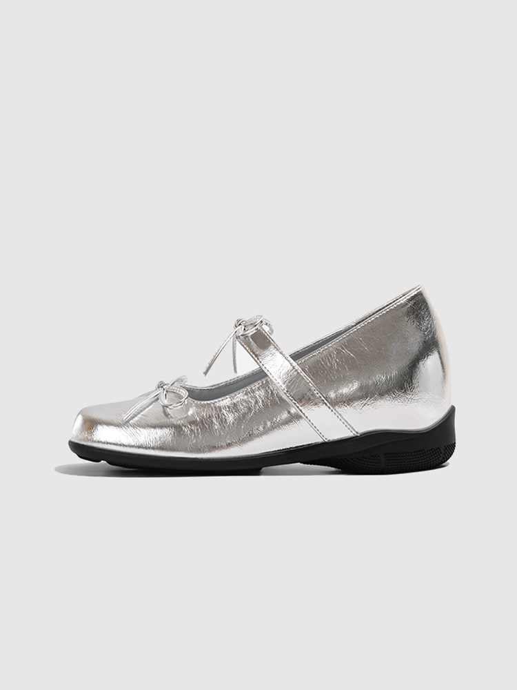 7cm Height-Increase Silver Bow Mary Jane Ballet Flats