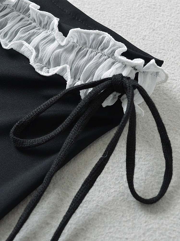 Ruched Drawstring Flare Pants with Lace Trim