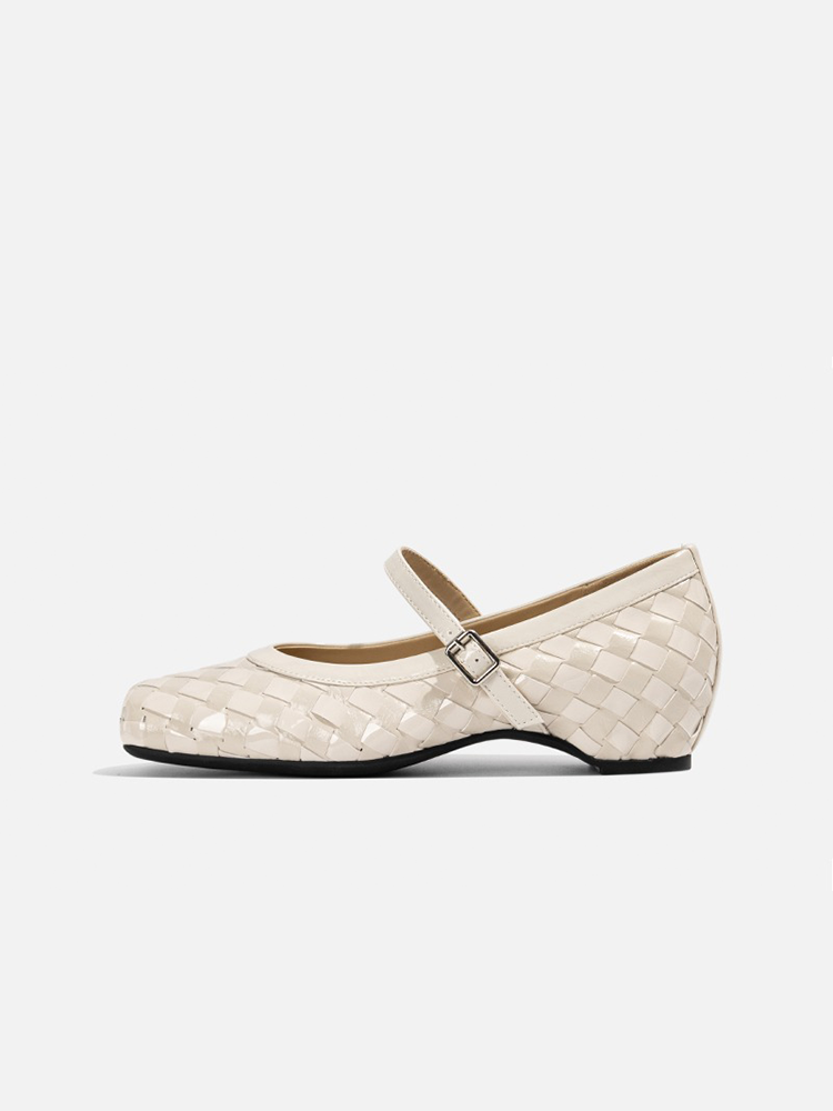 French Woven Slip-On Mary Jane Flats with Buckle Strap