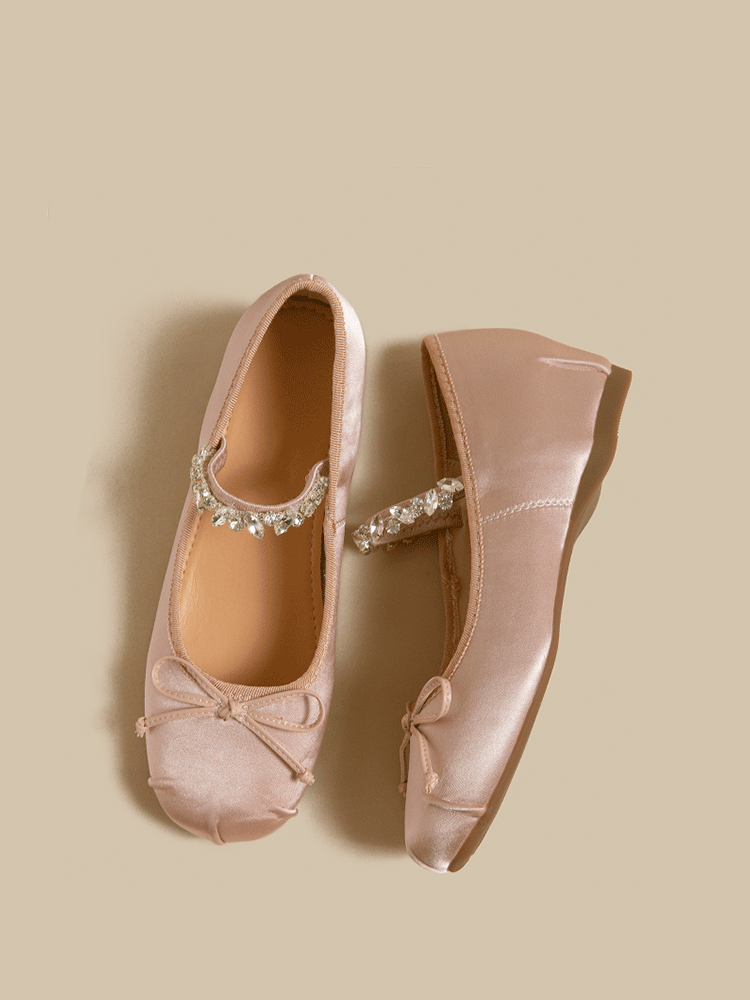 Satin Ballet Flats with Rhinestone Bow