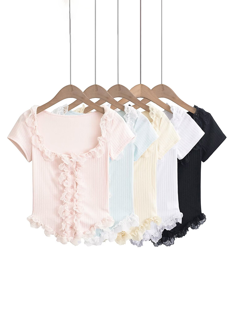 Lace Trim Button-Up Cropped Shirt