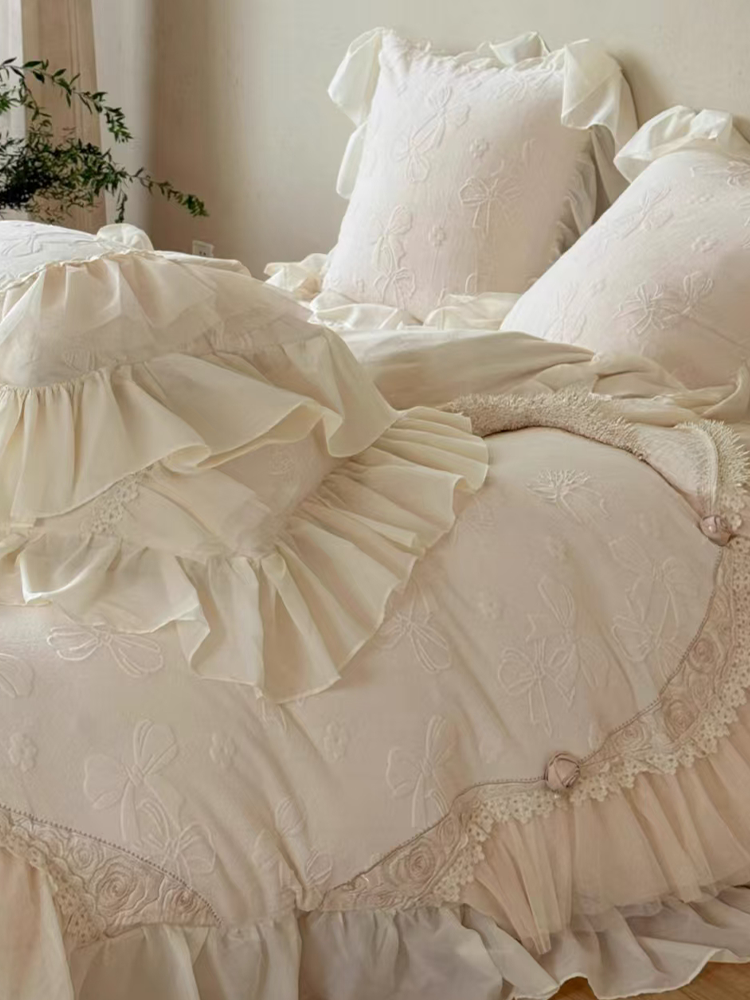 French Romantic Plush Ultra Soft Plush Fleece Bedding Set Embossed Lace Flat Sheet