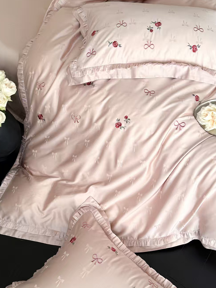 Fresh Bow Jacquard Tencel Cotton Blend Bedding Set Rose Embroidered Flat Sheet