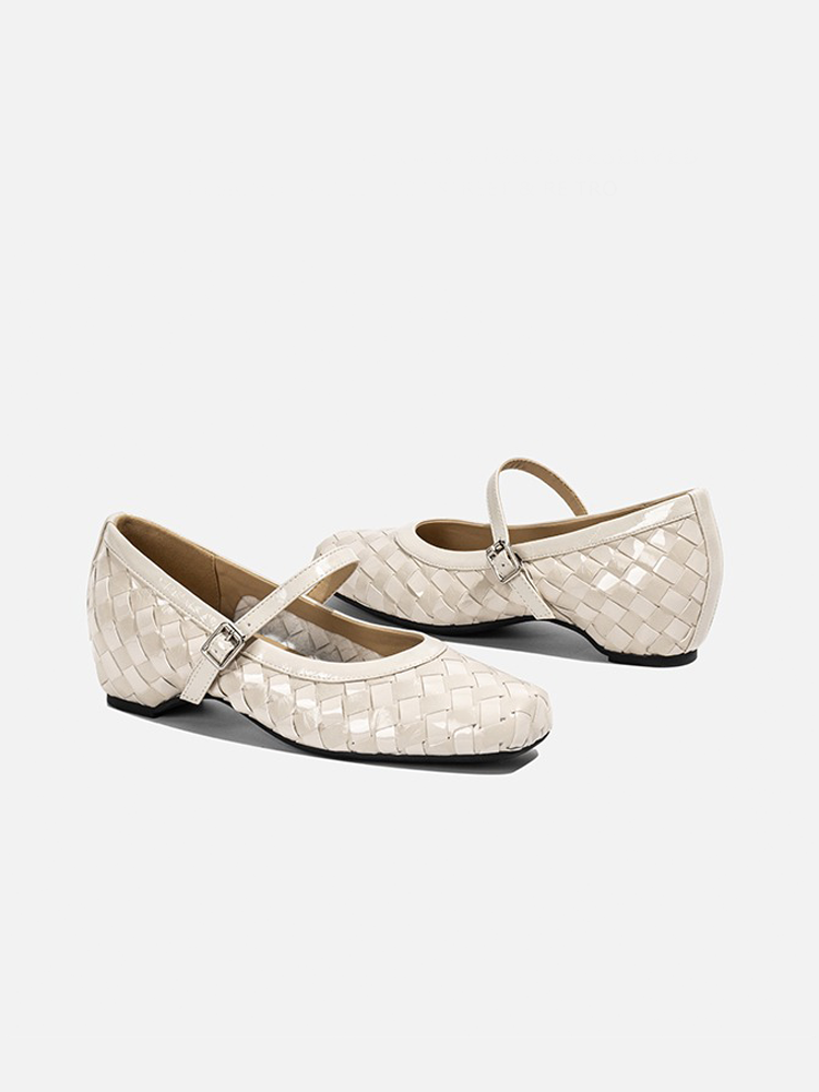 French Woven Slip-On Mary Jane Flats with Buckle Strap