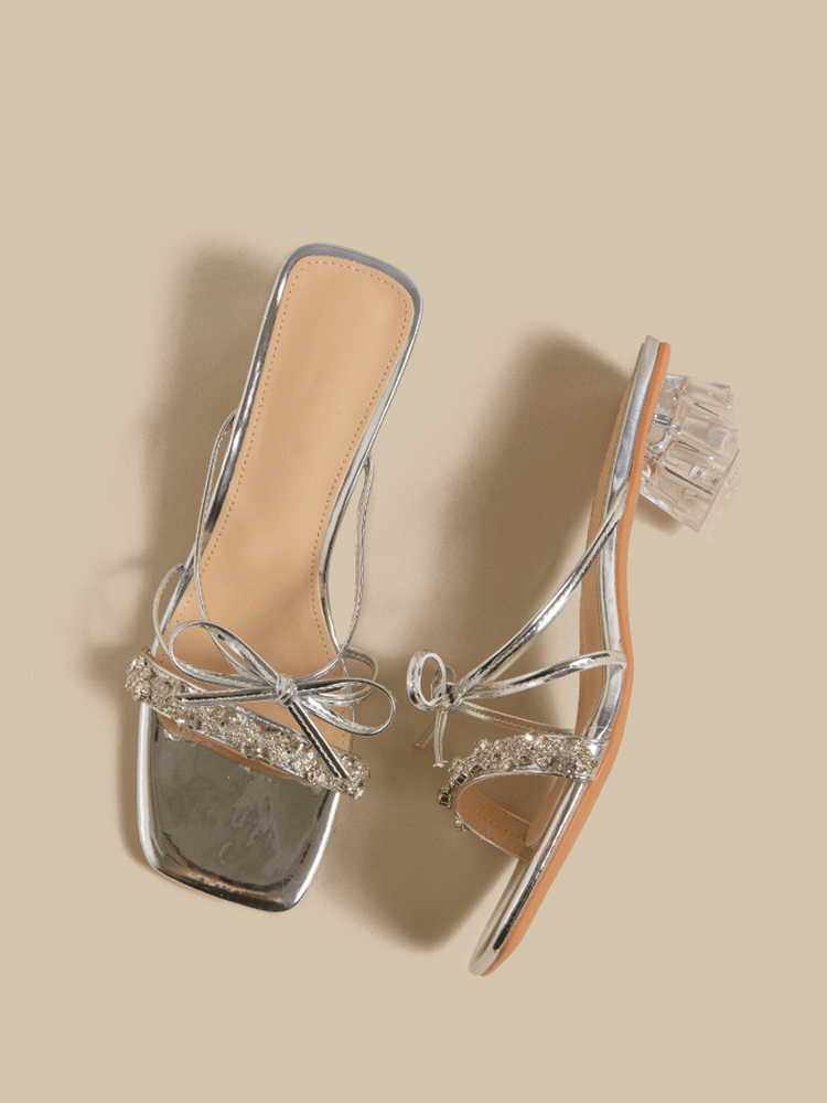 Rhinestone Bow Transparent Block Heel Pumps