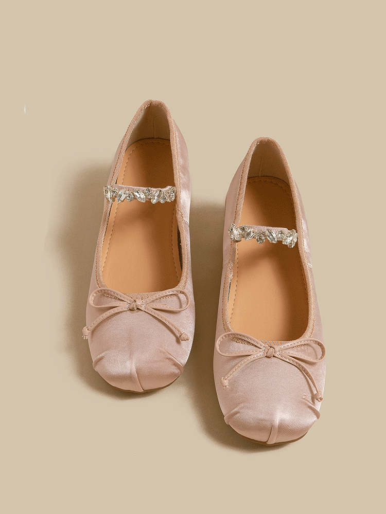 Satin Ballet Flats with Rhinestone Bow