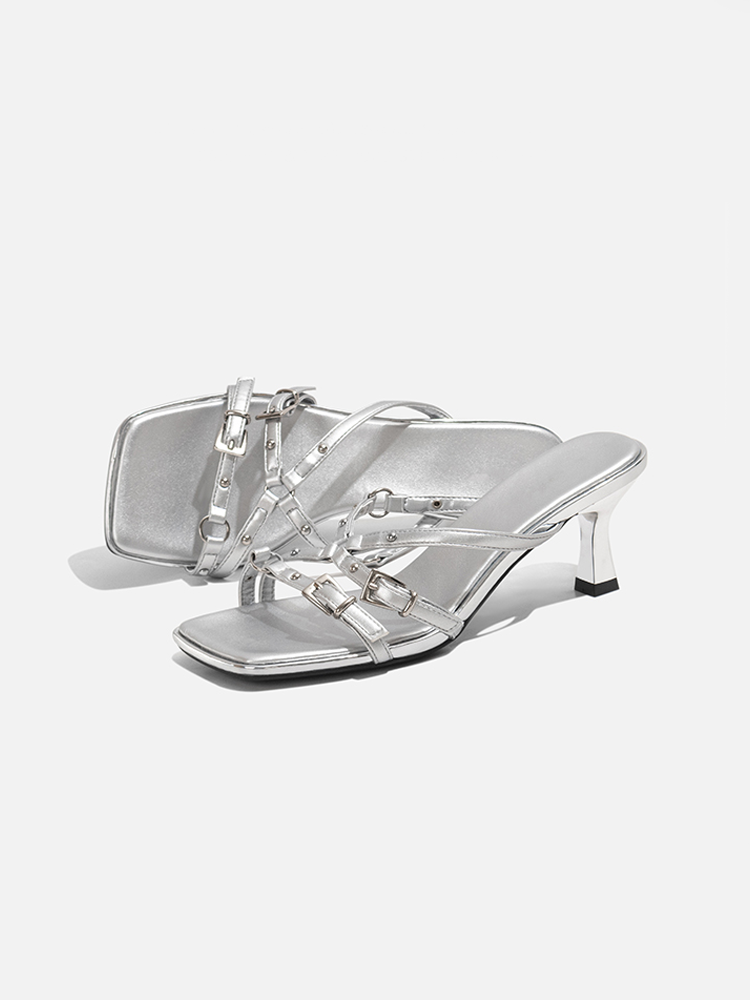 Silver Stiletto Heel Slide Sandals with Open Toe & Strap