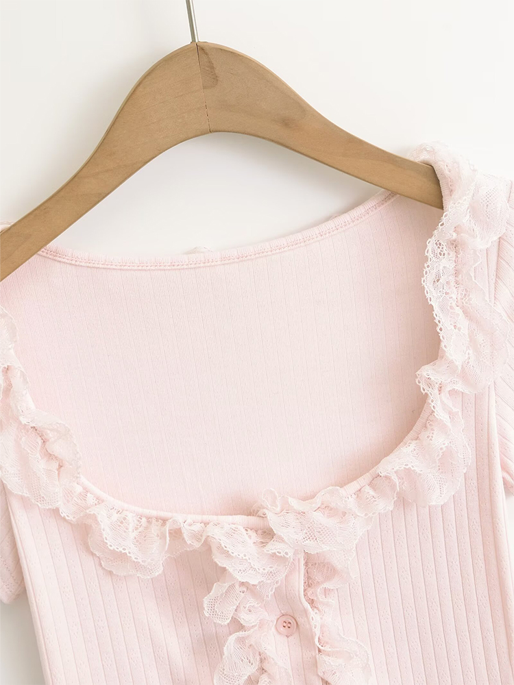 Lace Trim Button-Up Cropped Shirt