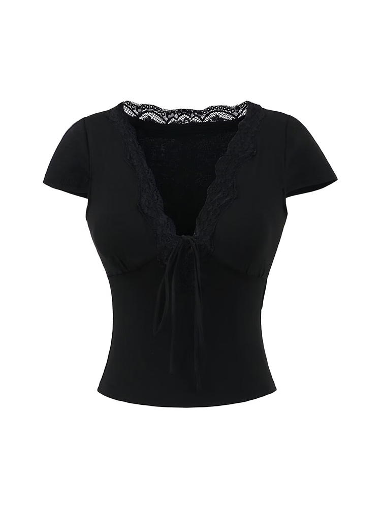 Lace Trim Tie-Front Deep V T-Shirt