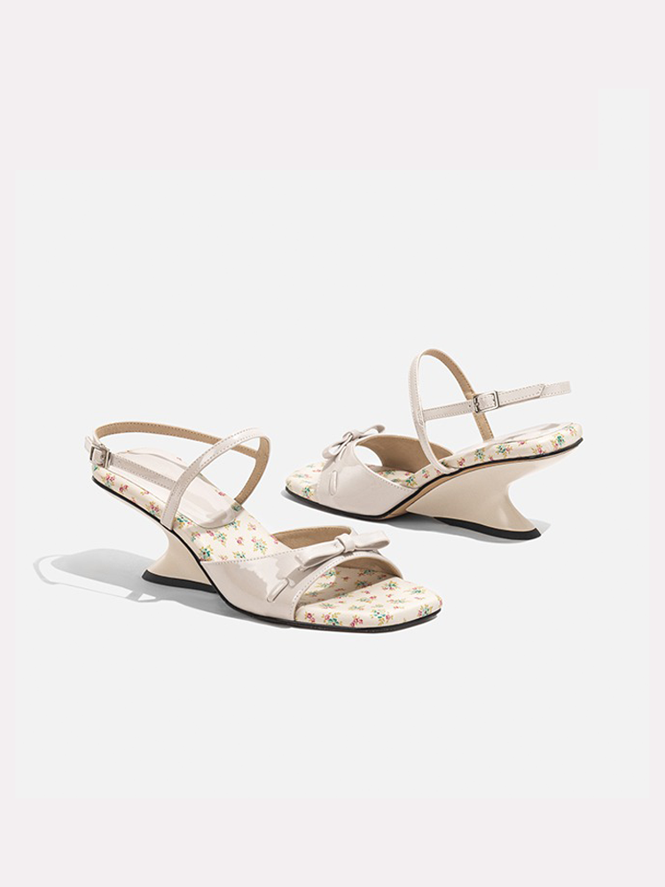Floral Wedge Sandals with Bow & Block Heel