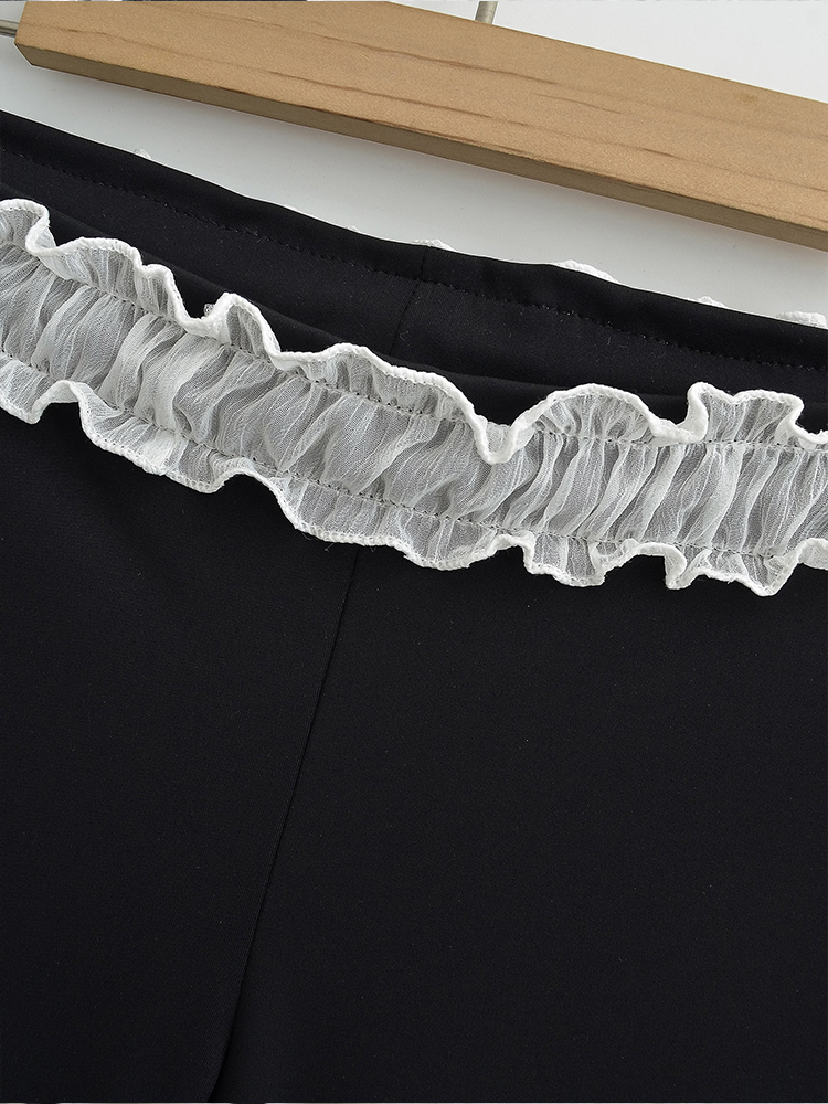 Ruched Drawstring Flare Pants with Lace Trim