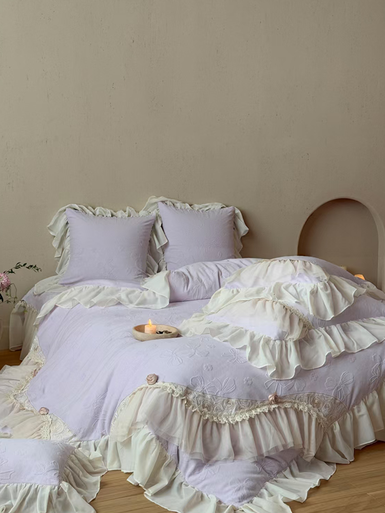 French Romantic Plush Ultra Soft Plush Fleece Bedding Set Embossed Lace Flat Sheet