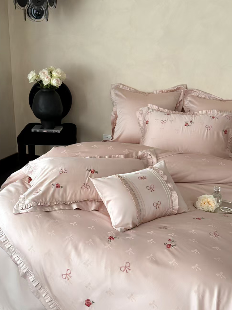 Fresh Bow Jacquard Tencel Cotton Blend Bedding Set Rose Embroidered Flat Sheet
