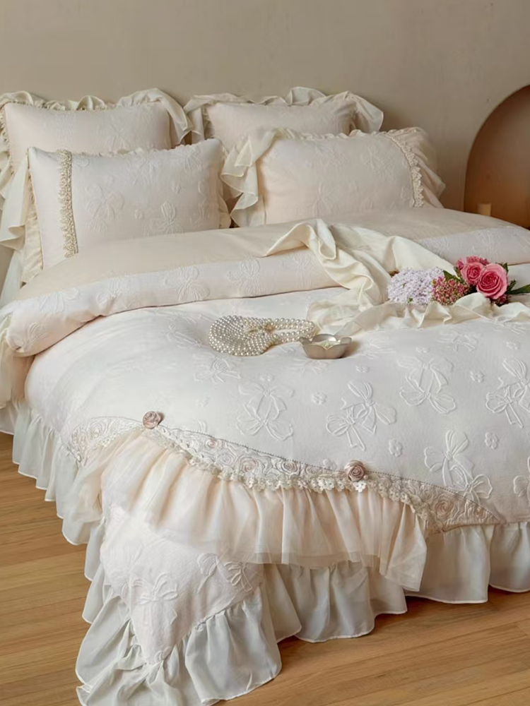 French Romantic Plush Ultra Soft Plush Fleece Bedding Set Embossed Lace Flat Sheet