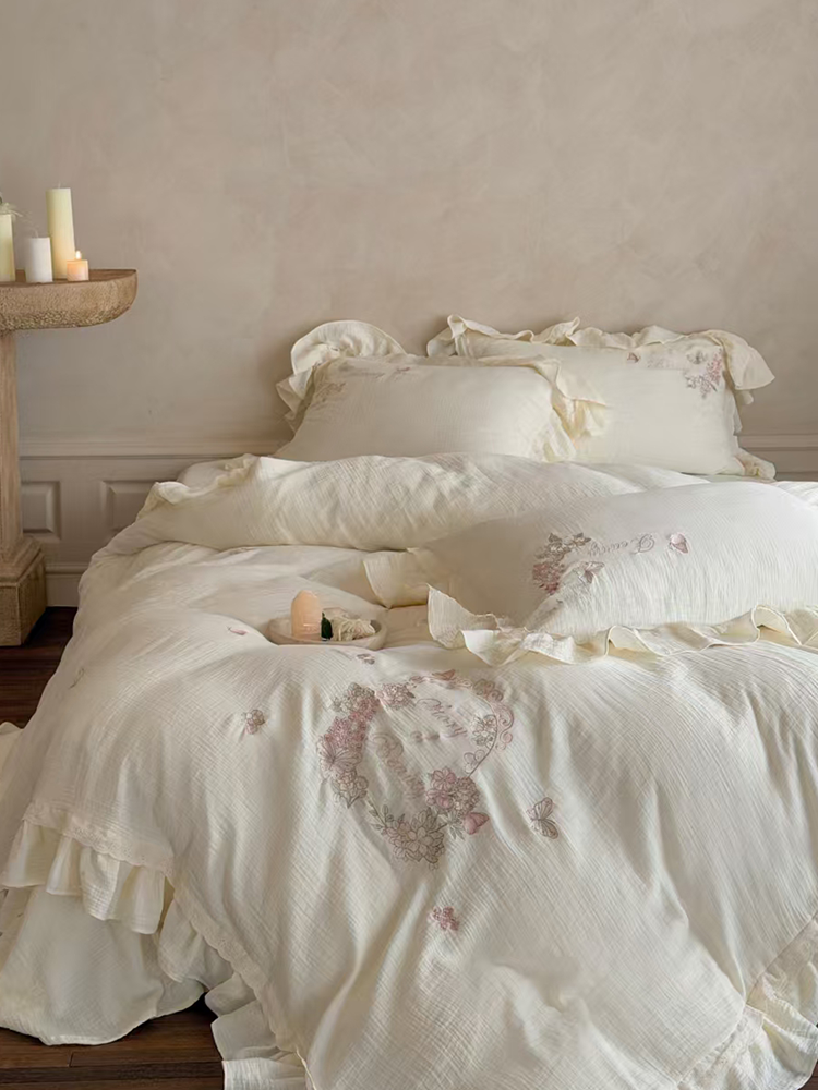 French Gentle Cotton Gauze Bedding Set Embroidered Lace Flat Sheet