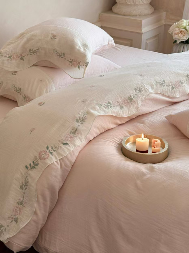 Fresh Pink Cotton Gauze Bedding Set Embroidered Soft Flat Sheet