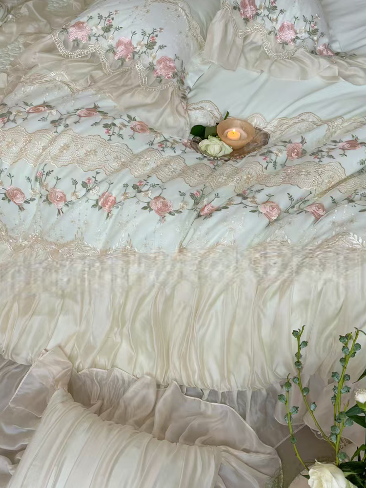 French Cotton Bedding Set Embroidered Lace Princess Rose Flat Sheet
