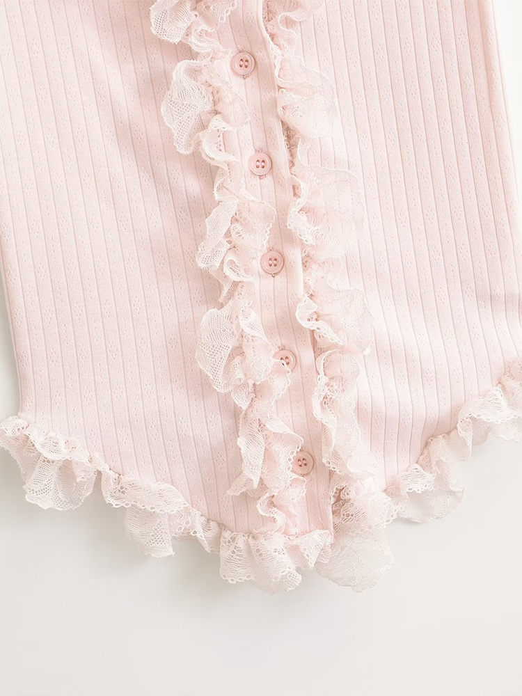 Lace Trim Button-Up Cropped Shirt