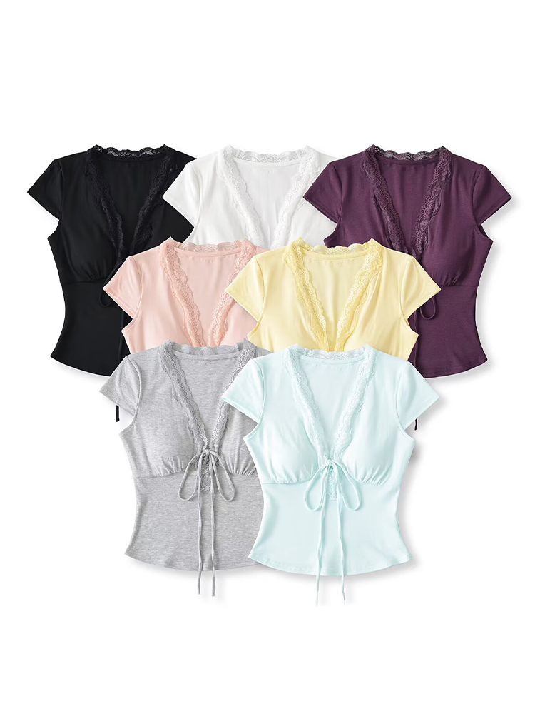 Lace Trim Tie-Front Deep V T-Shirt