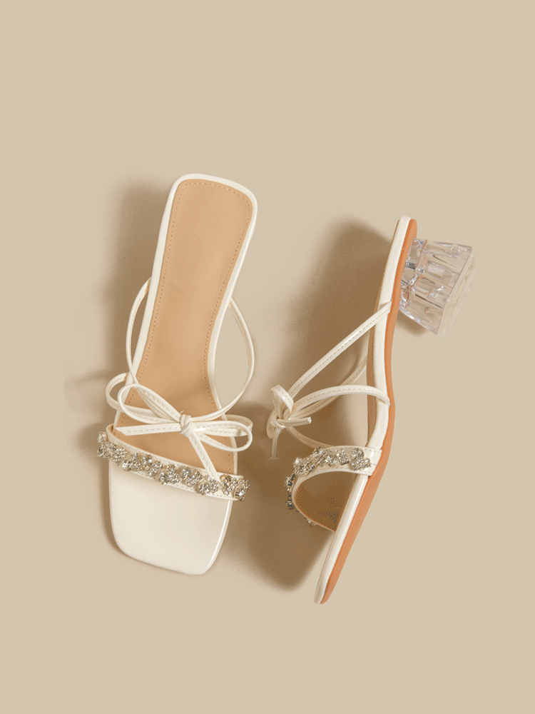 Rhinestone Bow Transparent Block Heel Pumps