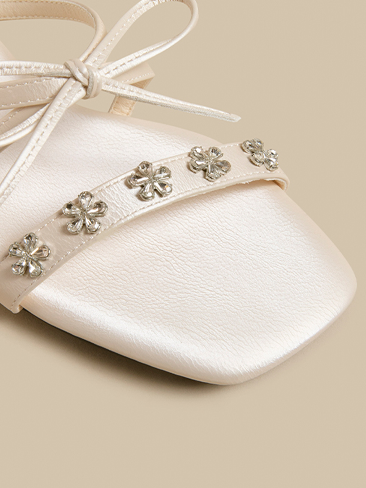 Bow Rhinestone Block Heel Sandals