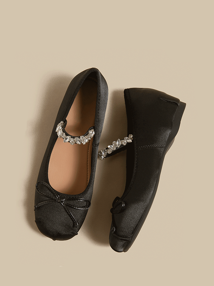 Satin Ballet Flats with Rhinestone Bow