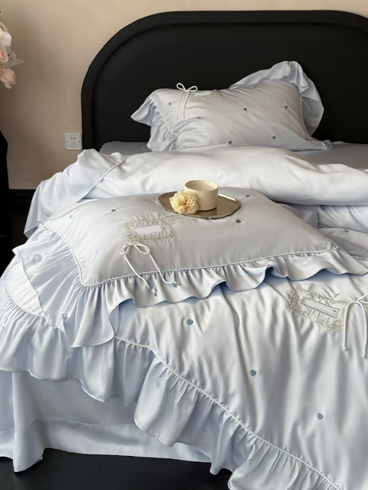 French Sweet Tencel Bedding Set Embroidered Silky Lace Summer Flat Sheet