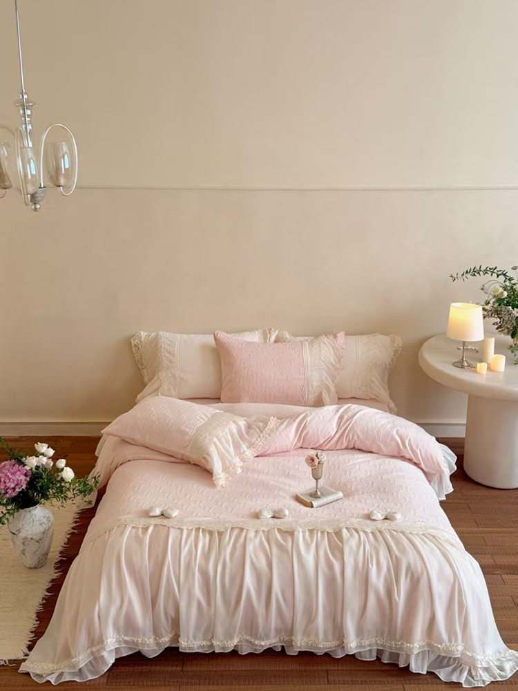 French Romantic Plush Ultra Soft Plush Fleece Bedding Set Lace Flat Sheet
