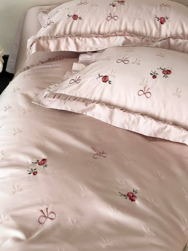 Fresh Bow Jacquard Tencel Cotton Blend Bedding Set Rose Embroidered Flat Sheet