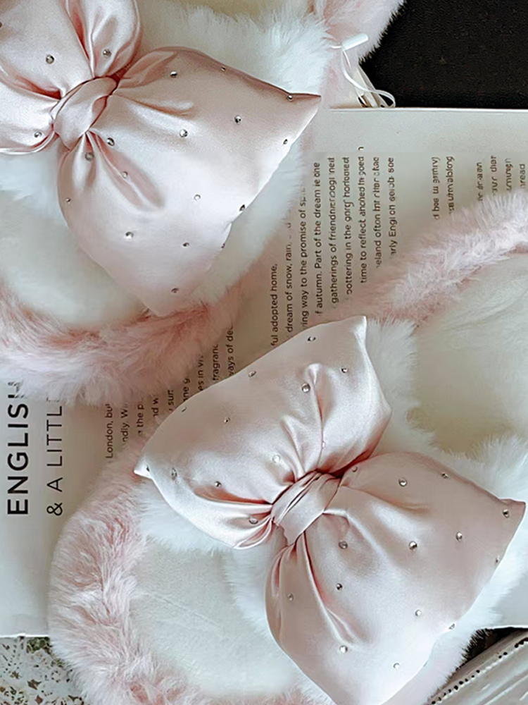 French Elegant Bow Fuzzy House Slippers Winter Soft Sole Non Slip Warm