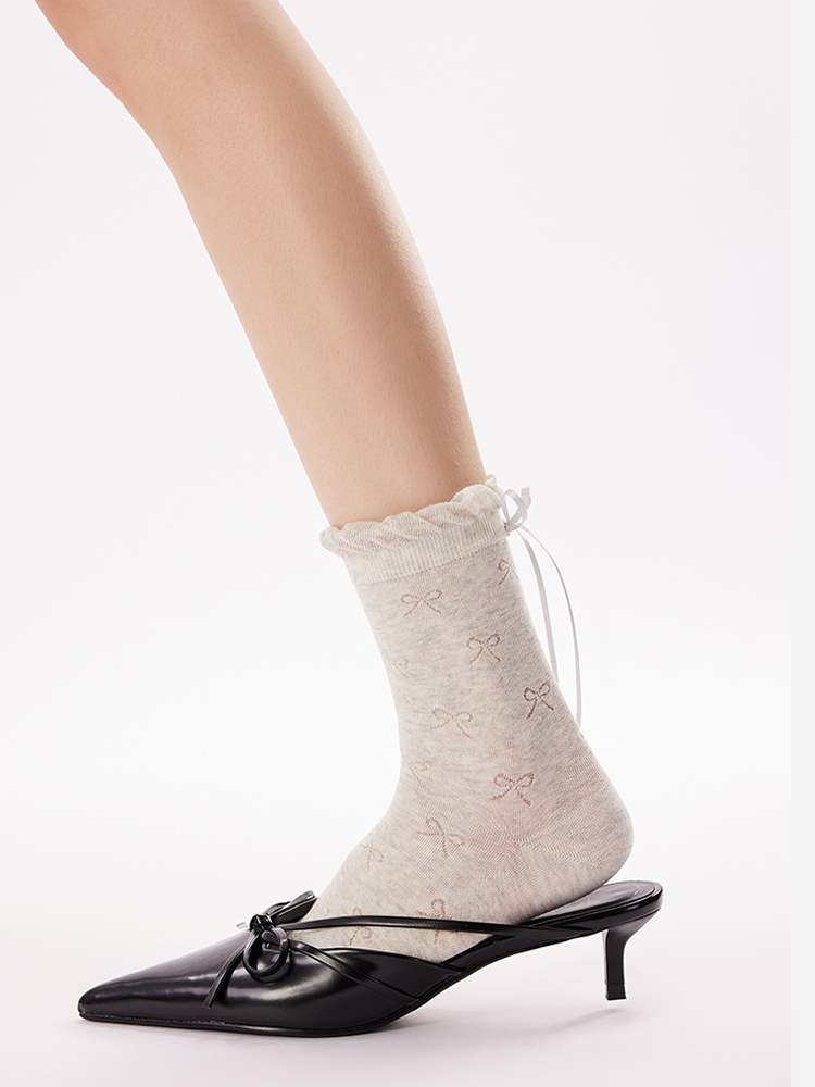 White Bow Mesh Balletcore Mid-Calf Socks