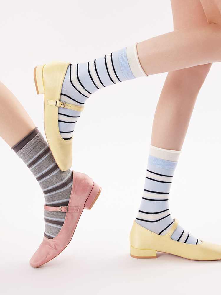 Striped Contrast Cuff Cotton Crew Socks