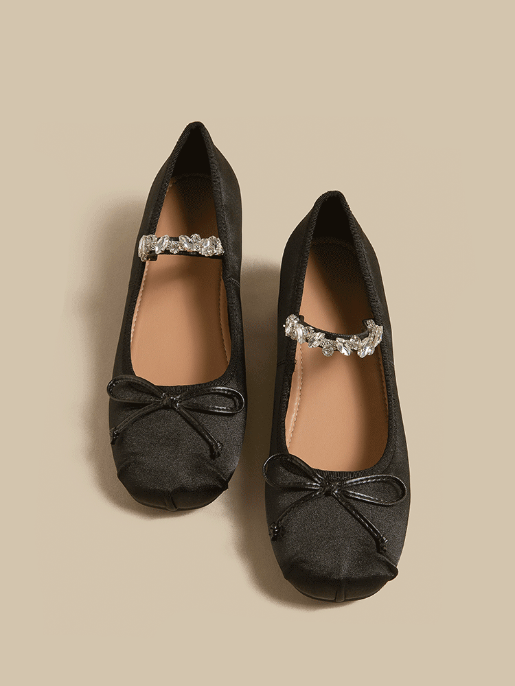Satin Ballet Flats with Rhinestone Bow