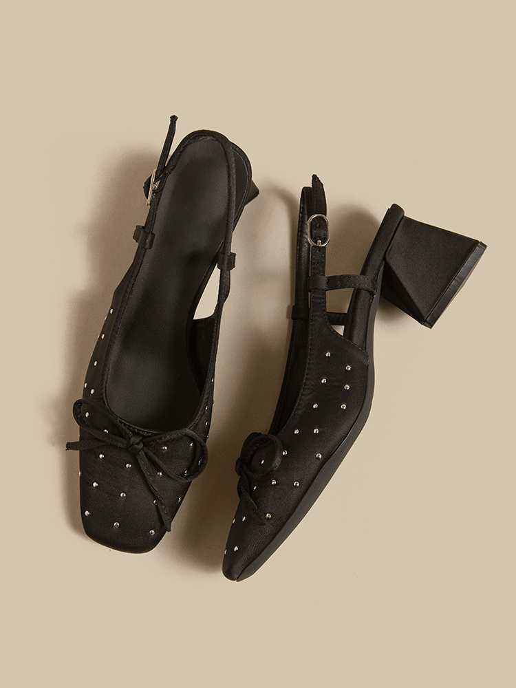 Rhinestone Bow Ankle-Strap Block Heels