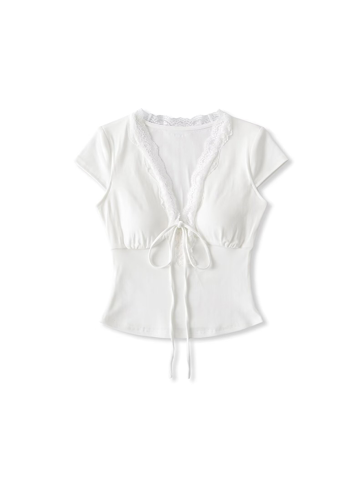 Lace Trim Tie-Front Deep V T-Shirt