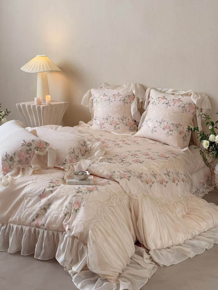 French Cotton Bedding Set Embroidered Lace Princess Rose Flat Sheet