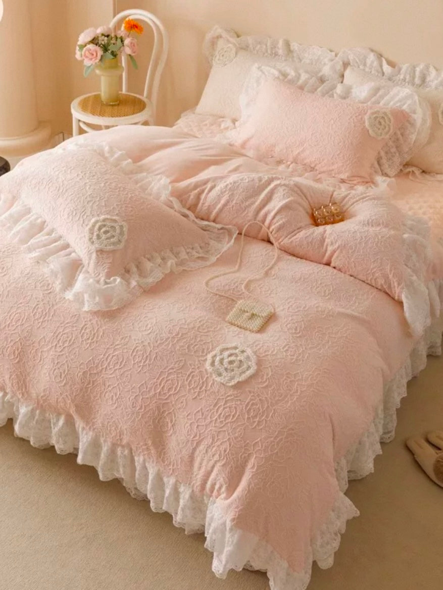 French Romantic Ultra Soft Plush Fleece Bedding Set Lace Princess Bed Skirt
