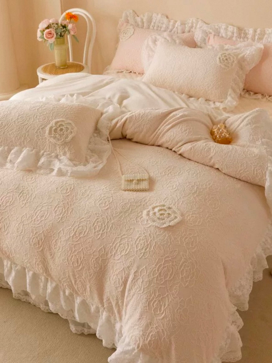 French Romantic Ultra Soft Plush Fleece Bedding Set Lace Princess Bed Skirt