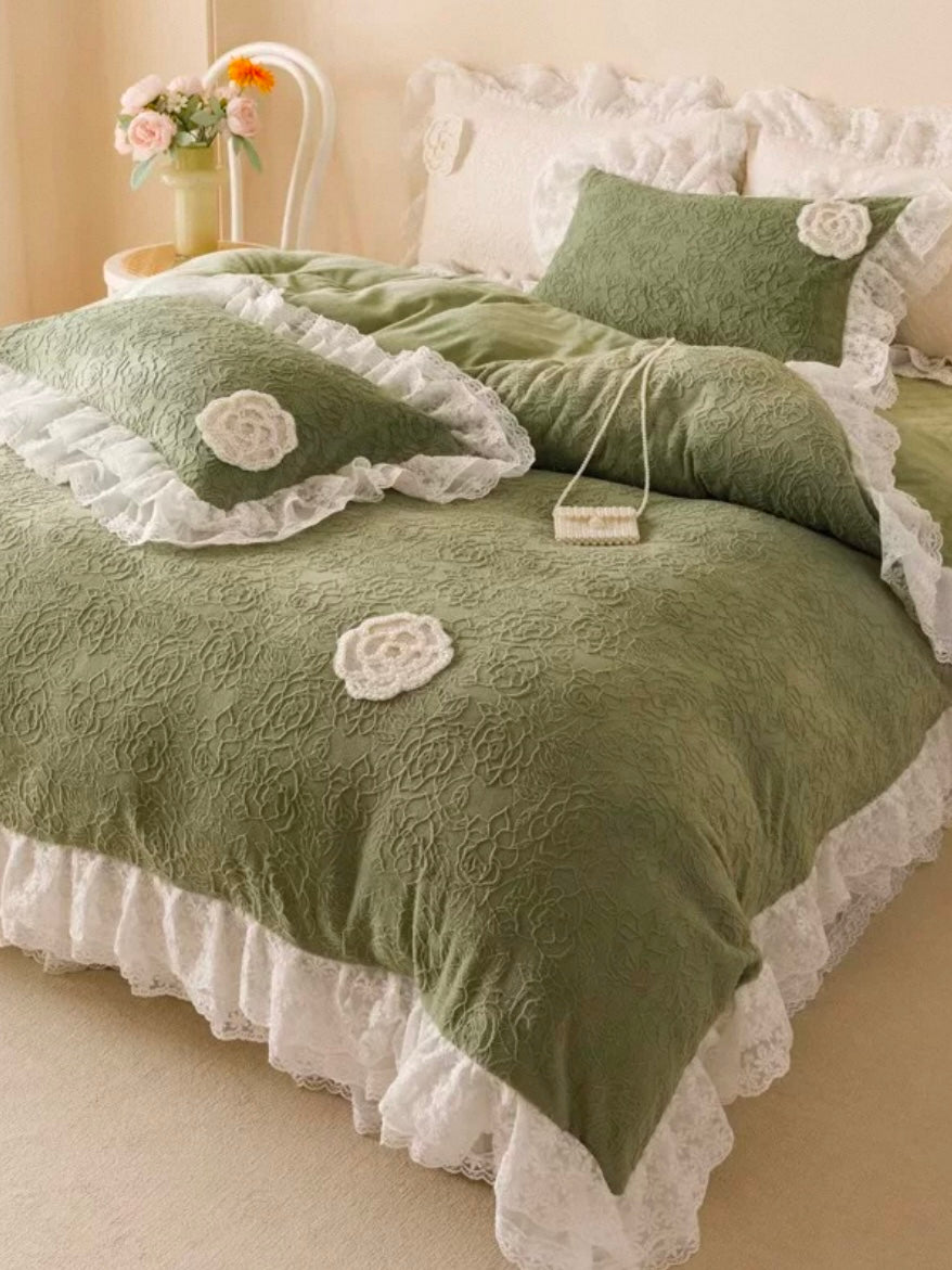 French Romantic Ultra Soft Plush Fleece Bedding Set Lace Princess Bed Skirt