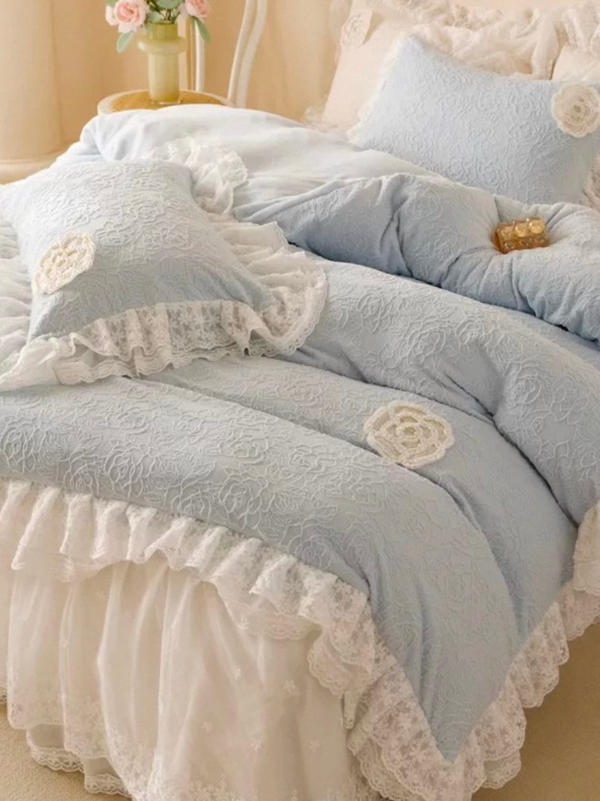 French Romantic Ultra Soft Plush Fleece Bedding Set Lace Princess Bed Skirt