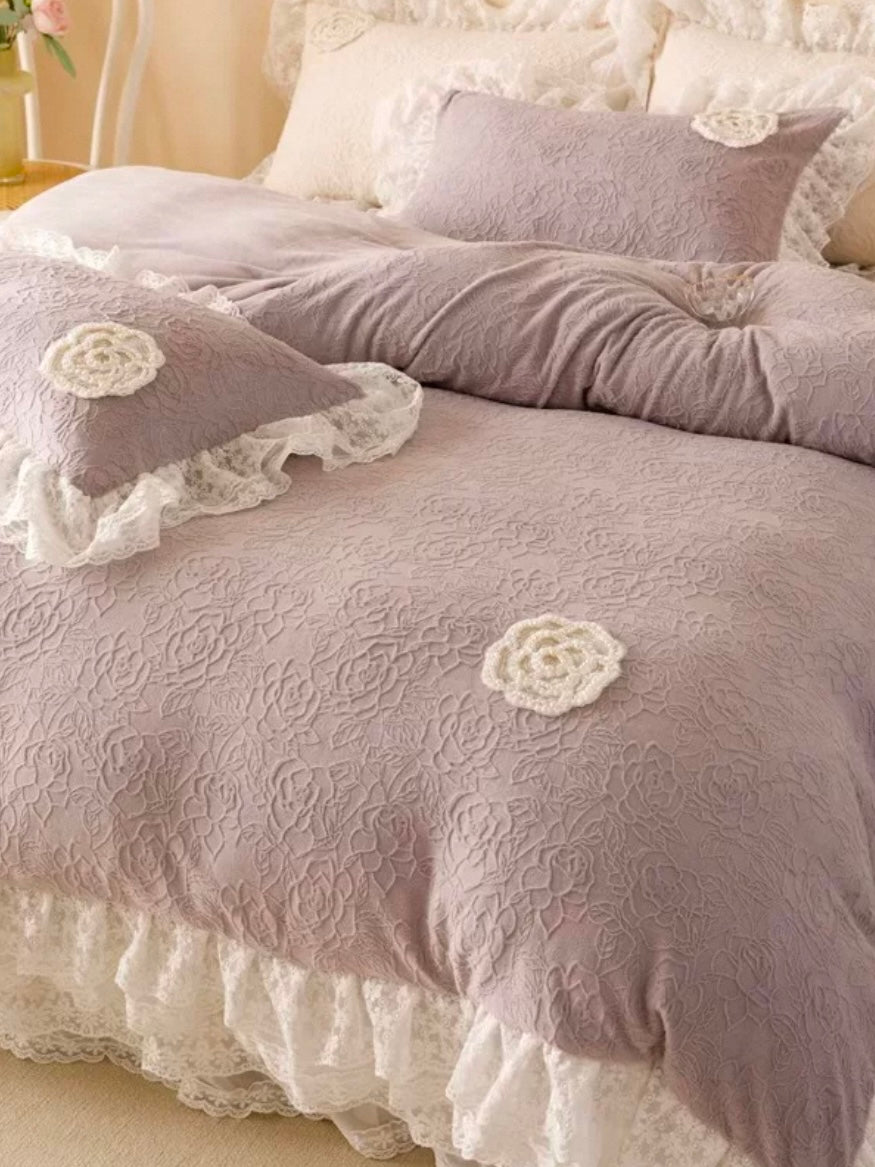 French Romantic Ultra Soft Plush Fleece Bedding Set Lace Princess Bed Skirt