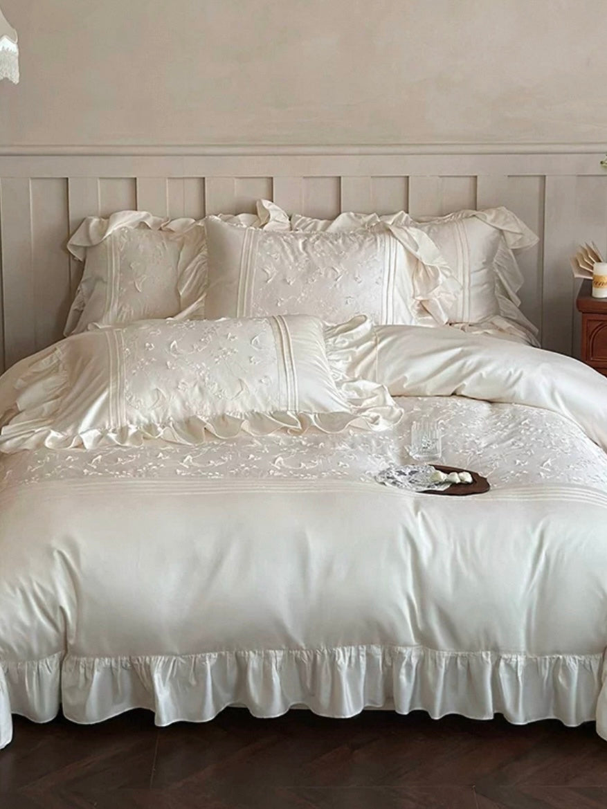 French Sweet Tencel Cotton Blend Bedding Set Butterfly Embroidered Flat Sheet