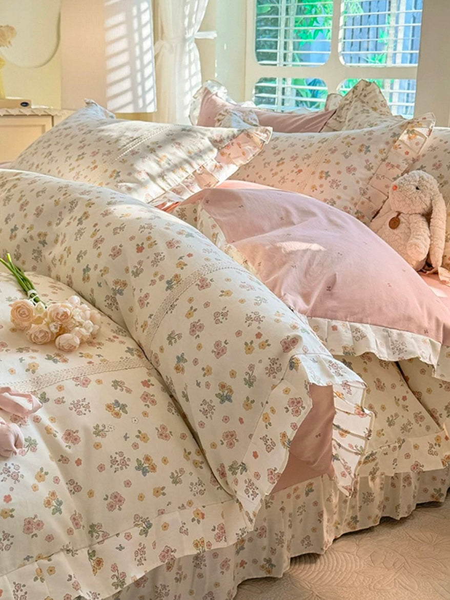 Princess Cotton Bedding Set Ruffle Floral Flat Sheet