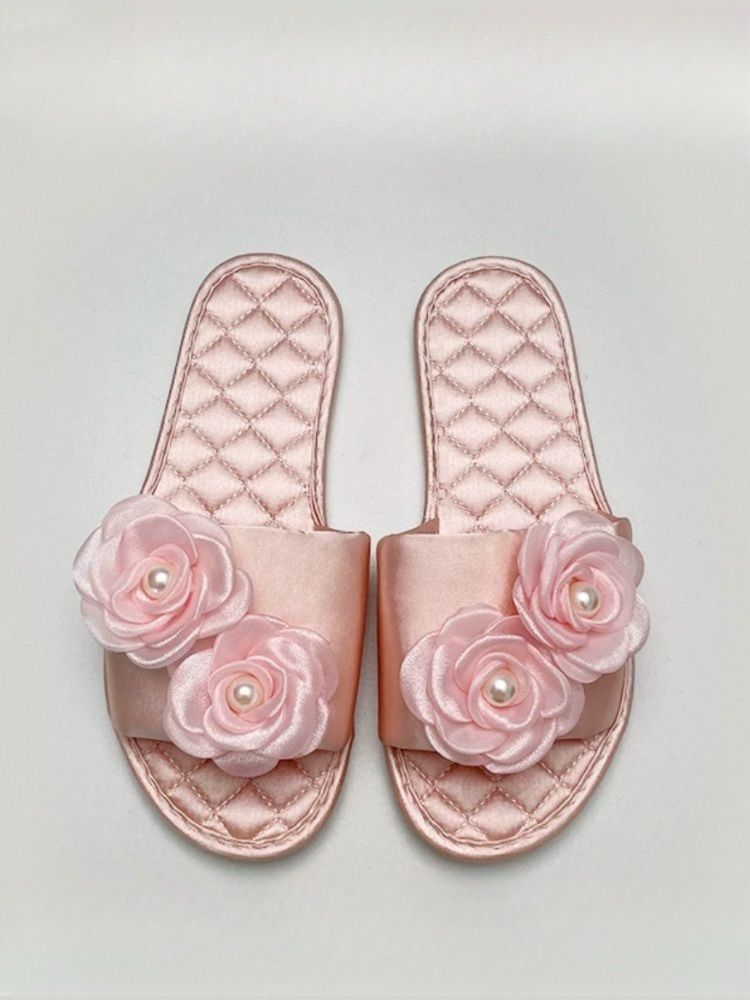 Champagne Pink Satin House Slippers Non Slip Soft Sole