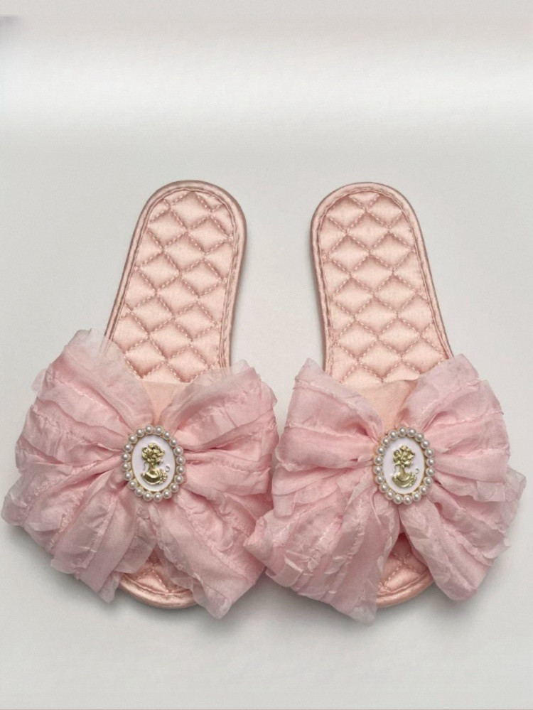 Fairy Style Champagne Pink Satin House Slippers Soft Non Slip Sole