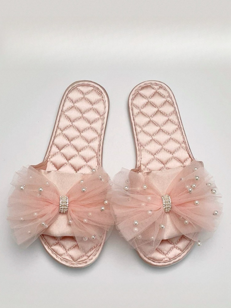Elegant Champagne Pink Satin Indoor Slippers Soft Sole Non Slip